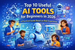 "Artificial intelligence tools concept image with people using laptops, automation graphics, and a robot symbolizing AI productivity tools."