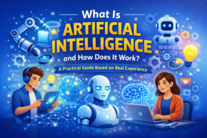 "Artificial intelligence concept illustration showing a robot, neural network brain, and people working on computers with AI technology."