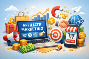 "Person working on affiliate marketing with laptop, charts, referral links, and online shopping icons, representing online business growth."