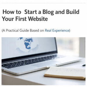 llustration of a laptop, notebook, and blogging icons representing starting a blog and building your first website, practical guide for beginners."