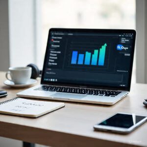 Home office desk with laptop showing SEO graphs, notebook, smartphone, and coffee cup, with overlay text 'What Is SEO and Why It Matters for Websites', representing search engine optimization for websites."
