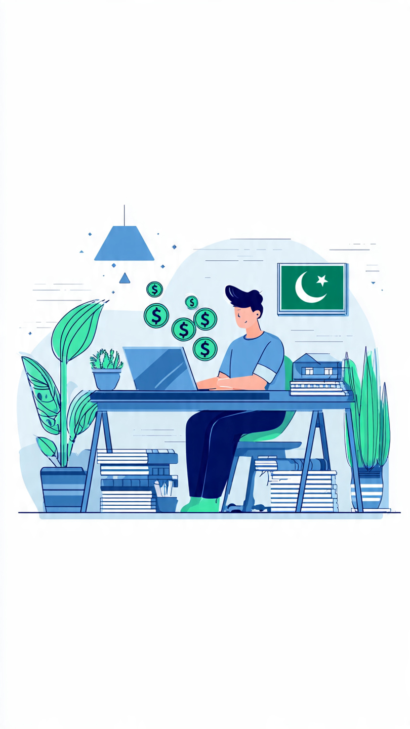 Pakistani freelancer calculating income tax 2026 with laptop calculator dollar bills and tax documents