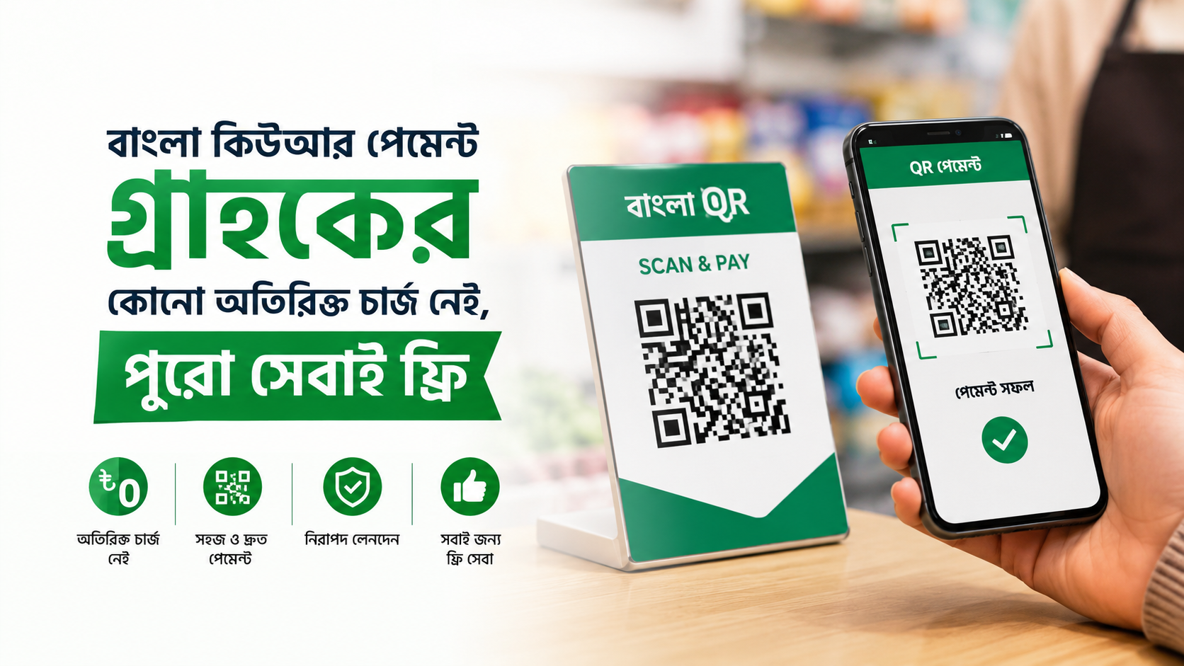 বাংলা কিউআর পেমেন্টে গ্রাহকের কোনো অতিরিক্ত চার্জ নেই, পুরো সেবাই ফ্রি